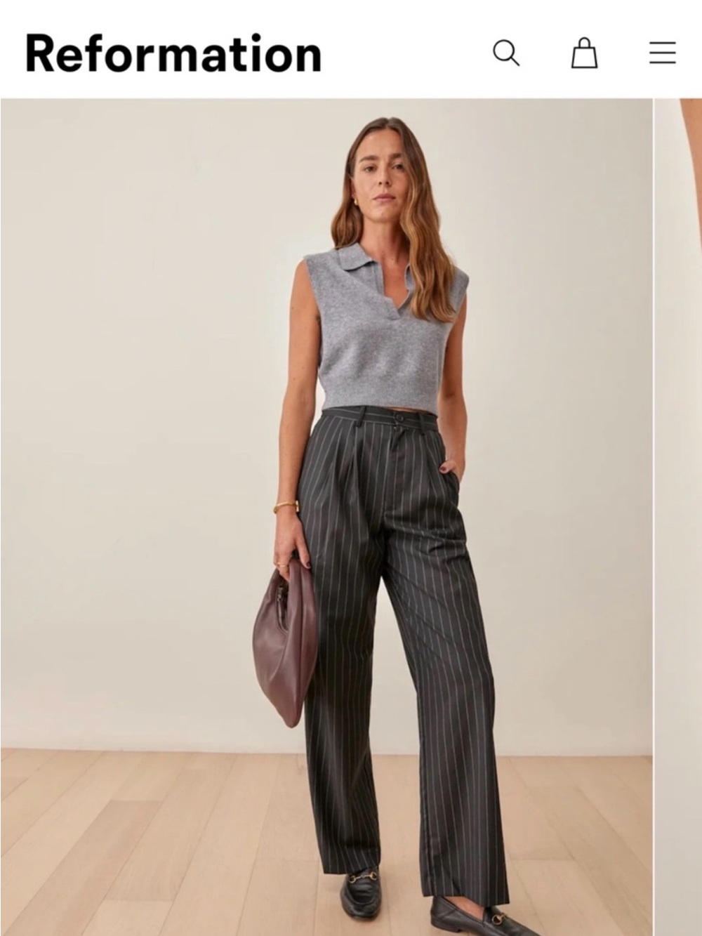Reformation Black Pinstripe Wide-Leg Trousers with White Stripe